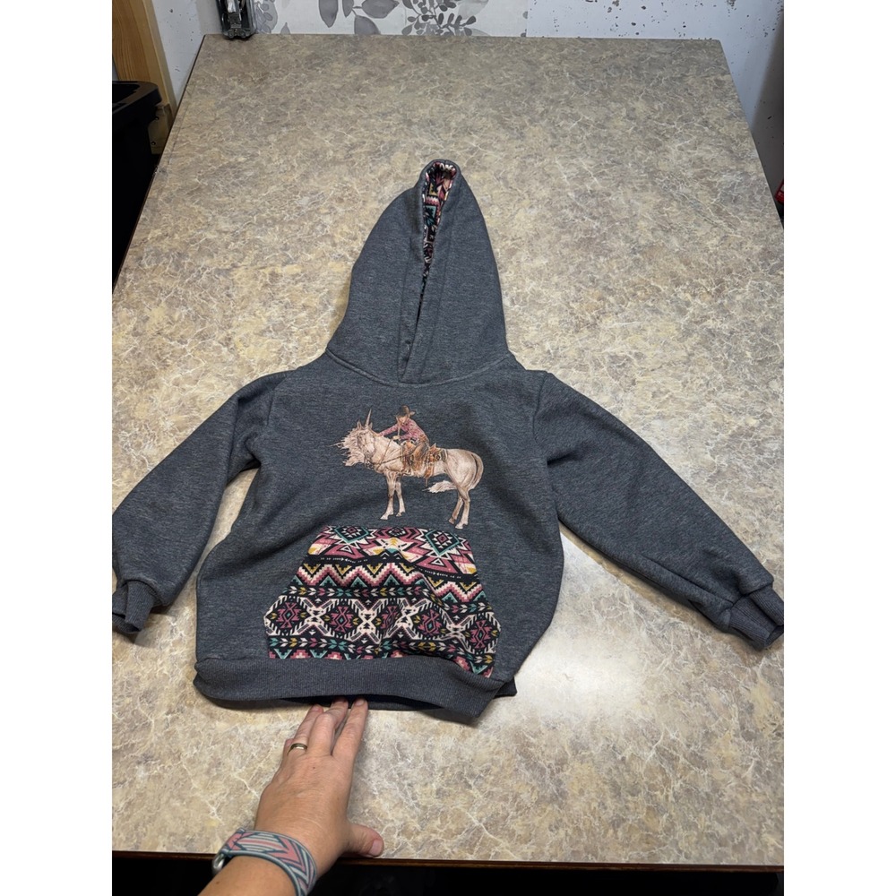 Cowkid Clothing Co Boys Grey Western Cowboy Aztec Print Hoodie Sweatshirt 5-6